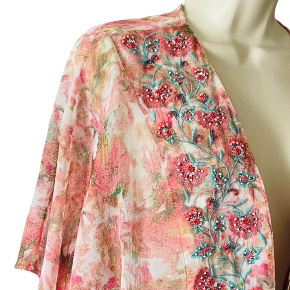 Soft Surroundings Watercolor Beaded Long Cardigan Topper Size L Colorful Beachy - Picture 4 of 13